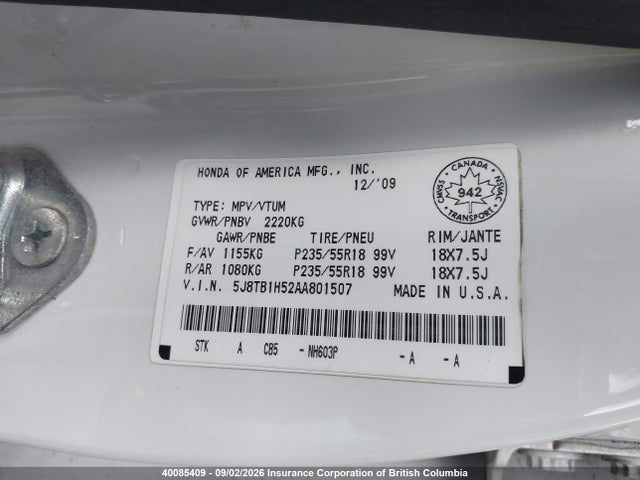 40085409 :رقم المزاد ، 5J8TB1H52AA801507 vin ، 2010 Acura Rdx مزاد بيع