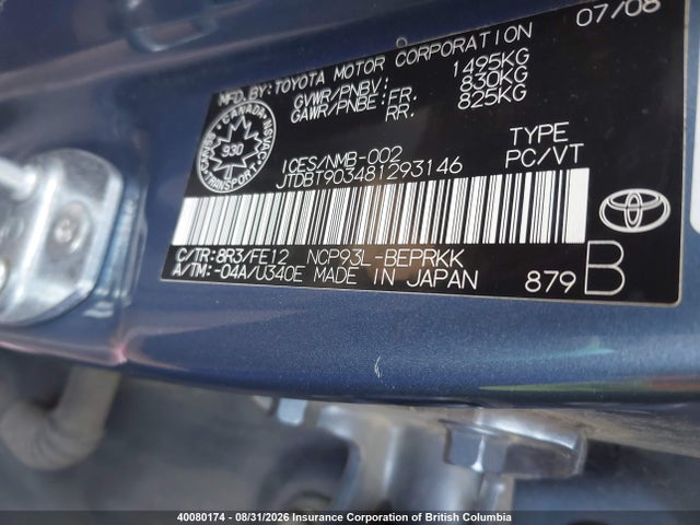 40080174 :رقم المزاد ، JTDBT903481293146 vin ، 2008 Toyota Yaris مزاد بيع