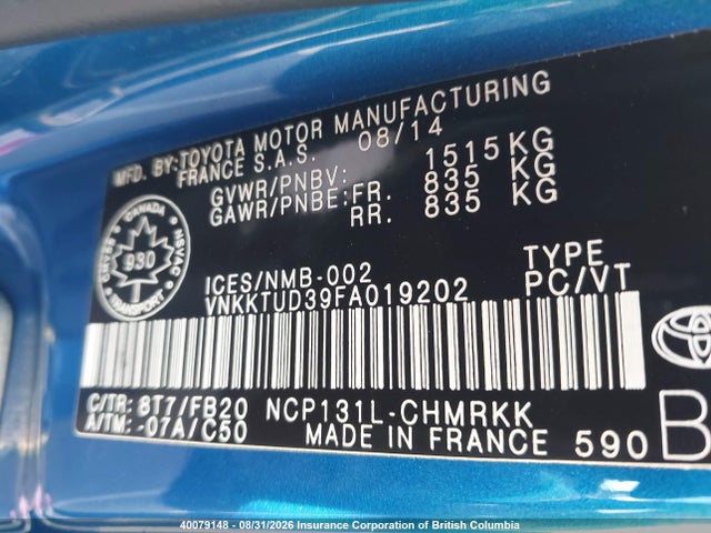 VNKKTUD39FA019202 Toyota Yaris