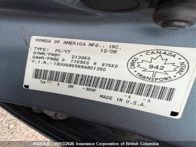 40085420 :رقم المزاد ، 19UUA86589A801350 vin ، 2009 Acura Tl مزاد بيع