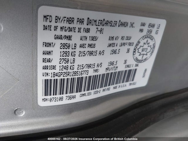 Aukcja sprzedaży 2002 Dodge Caravan Se, vin: 1B4GP25R12B516773, numer aukcji: 40085162