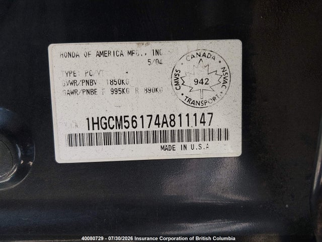 Продажа на аукционе авто 2004 Honda Accord Dx, vin: 1HGCM56174A811147, номер лота: 40080729