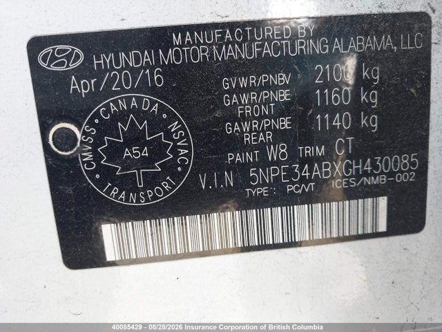 40085429 :رقم المزاد ، 5NPE34ABXGH430085 vin ، 2016 Hyundai Sonata Sport/limited مزاد بيع
