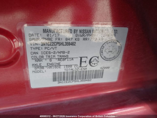 Nissan Versa Note S/s Plus/sv/sl/sr 2017 3N1CE2CP5HL359462 Image 9