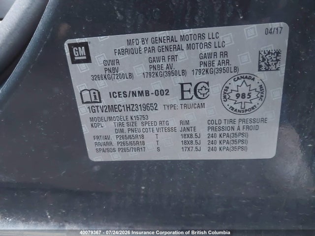 Продажа на аукционе авто 2017 Gmc Sierra K1500 Sle, vin: 1GTV2MEC1HZ319652, номер лота: 40079367