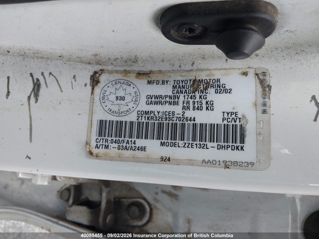 40085455 :رقم المزاد ، 2T1KR32E93C702644 vin ، 2003 Toyota Corolla Matrix Xr مزاد بيع