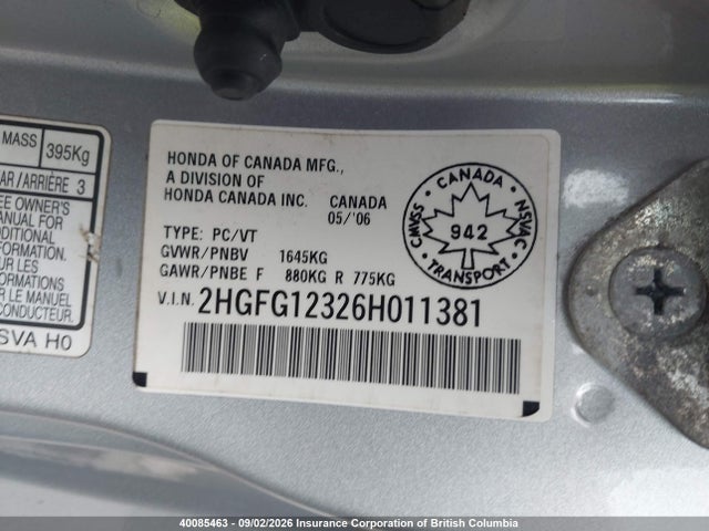 40085463 :رقم المزاد ، 2HGFG12326H011381 vin ، 2006 Honda Civic مزاد بيع