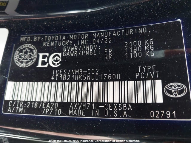 4T1B21HK5NU017600 Toyota Camry