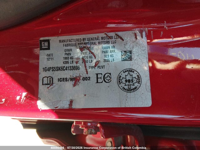 Auction sale of the 2012 Buick Verano, vin: 1G4PS5SK6C4133696, lot number: 40080466