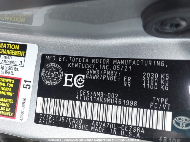 4T1G11AK9MU461998 Toyota Camry