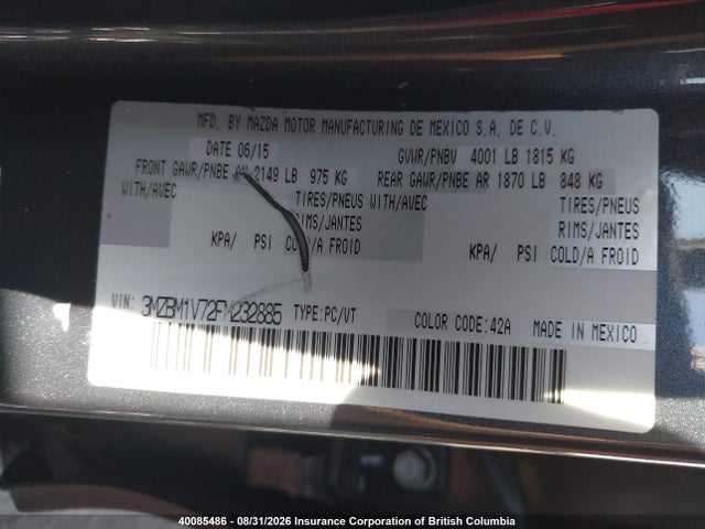 40085486 :رقم المزاد ، 3MZBM1V72FM232885 vin ، 2015 Mazda 3 Touring مزاد بيع
