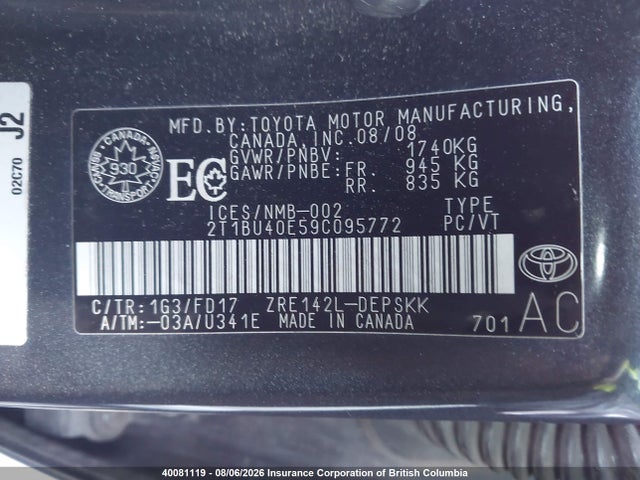 Aukcja sprzedaży 2009 Toyota Corolla S/le/xle, vin: 2T1BU40E59C095772, numer aukcji: 40081119