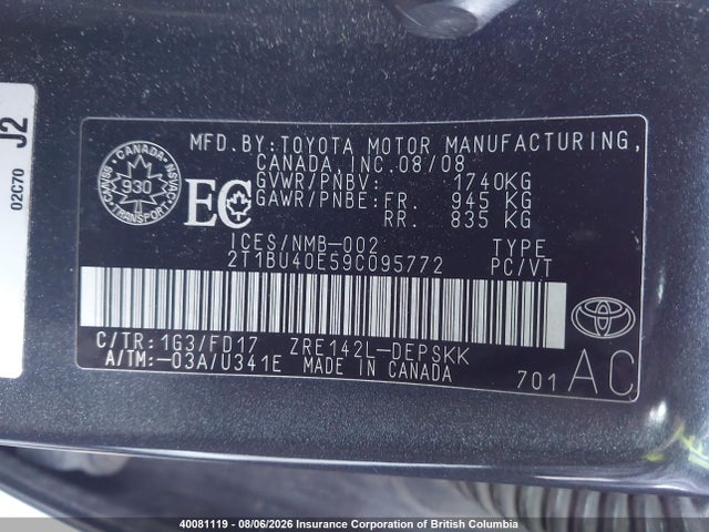 Aukcja sprzedaży 2009 Toyota Corolla S/le/xle, vin: 2T1BU40E59C095772, numer aukcji: 40081119