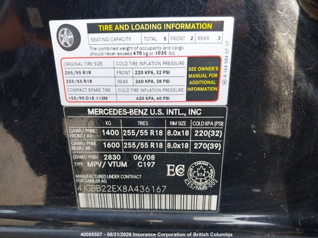 Продаж на аукціоні авто 2008 Mercedes-benz Ml 320 Cdi 4matic, vin: 4JGBB22EX8A436167, номер лоту: 40085507