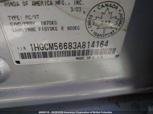 Продажа на аукционе авто 2003 Honda Accord Ex, vin: 1HGCM56683A814164, номер лота: 40085110