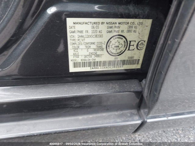 Aukcja sprzedaży 2005 Nissan Altima S/sl, vin: 1N4AL11EX5C383565, numer aukcji: 40085517