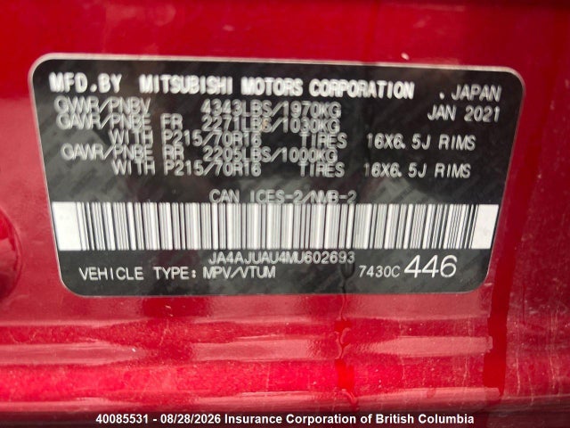 Aukcja sprzedaży 2021 Mitsubishi Rvr, vin: JA4AJUAU4MU602693, numer aukcji: 40085531