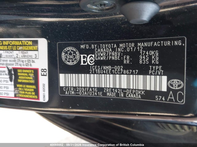 40085552 :رقم المزاد ، 2T1BU4EE1CC786717 vin ، 2012 Toyota Corolla Ce مزاد بيع