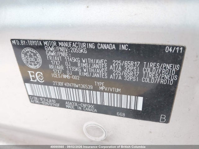 40085565 :رقم المزاد ، 2T3DF4DV7BW136539 vin ، 2011 Toyota Rav4 مزاد بيع