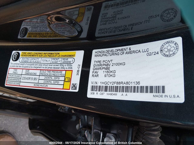 1HGCY2F88RA801136 Honda Accord Touring Hybrid
