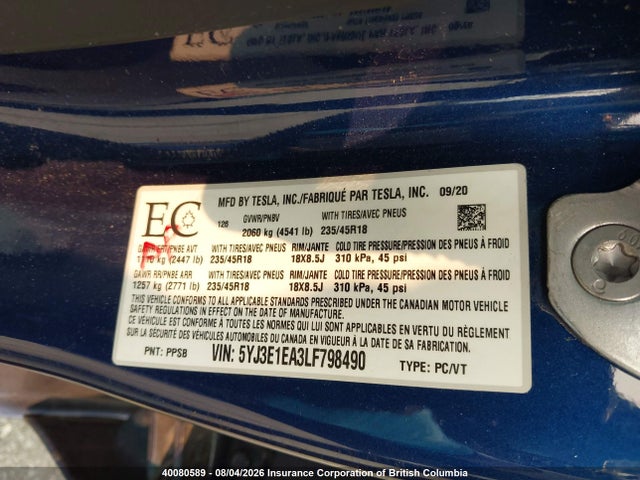 Продаж на аукціоні авто 2020 Tesla Model 3, vin: 5YJ3E1EA3LF798490, номер лоту: 40080589