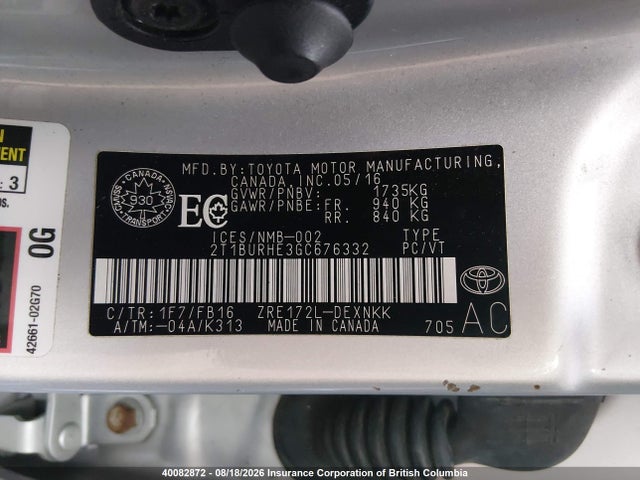 40082872 :رقم المزاد ، 2T1BURHE3GC676332 vin ، 2016 Toyota Corolla L/le/le Pls/prm/s/s Pls مزاد بيع