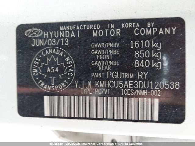 Aukcja sprzedaży 2013 Hyundai Accent Gls/se, vin: KMHCU5AE3DU120538, numer aukcji: 40085430