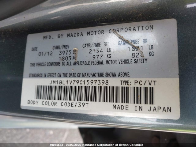 40085582 :رقم المزاد ، JM1BL1V79C1597398 vin ، 2012 Mazda Mazda3 Gs-sky مزاد بيع
