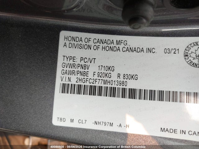 Honda CIVIC EX 2021 2HGFC2F77MH013980 Image 9