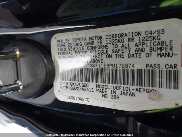 40085584 :رقم المزاد ، JT8UF11E9P0176974 vin ، 1993 Lexus Ls 400 مزاد بيع