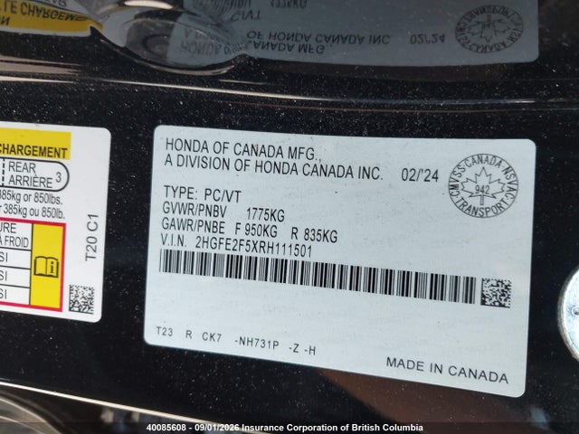 2HGFE2F5XRH111501 Honda Civic