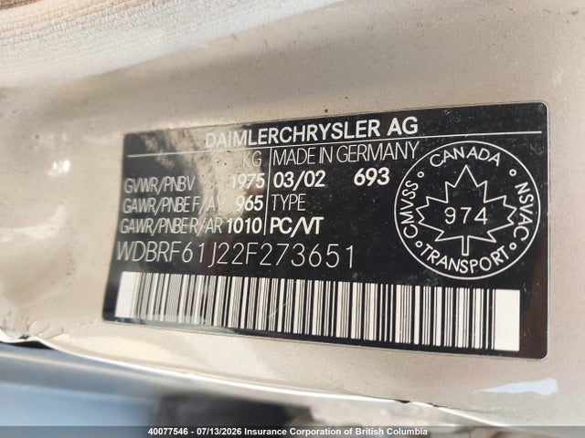 2002 Mercedes-benz C 240 მანქანა იყიდება აუქციონზე, vin: WDBRF61J22F273651, აუქციონის ნომერი: 40077546