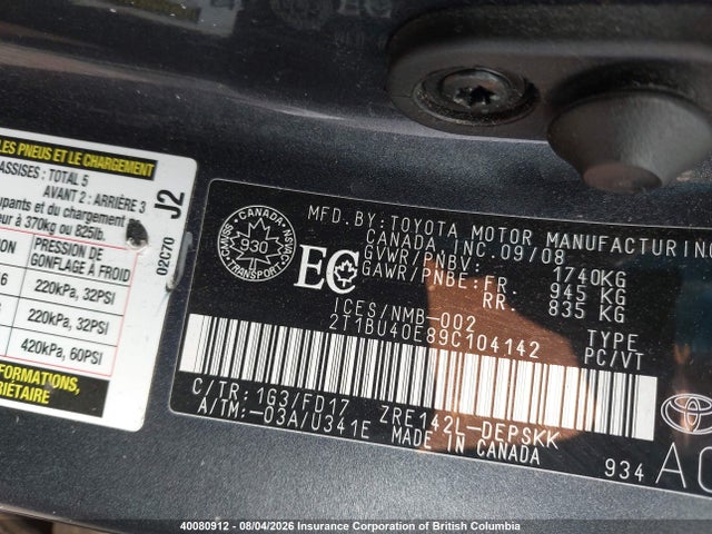 40080912 :رقم المزاد ، 2T1BU40E89C104142 vin ، 2009 Toyota Corolla S/le/xle مزاد بيع