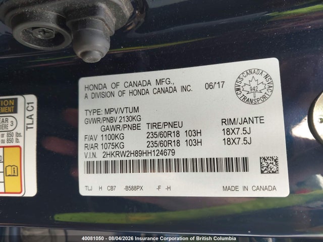 Honda CR-V EXL 2017 2HKRW2H89HH124679 Image 9