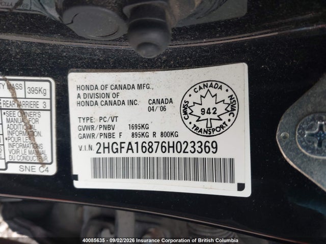 40085635 :رقم المزاد ، 2HGFA16876H023369 vin ، 2006 Honda Civic مزاد بيع