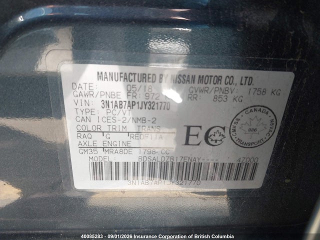 3N1AB7AP1JY321770 Nissan Sentra S/sv/sr/sl