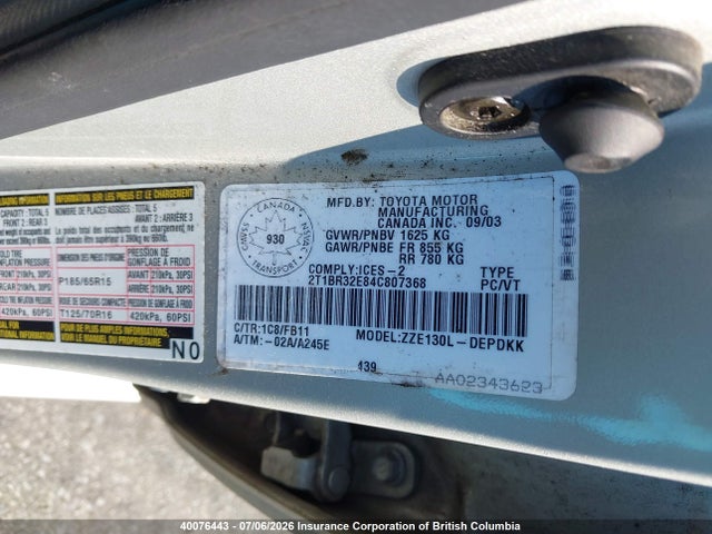 Продажа на аукционе авто 2004 Toyota Corolla Ce/le/s, vin: 2T1BR32E84C807368, номер лота: 40076443