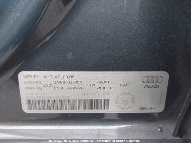 40078539 :رقم المزاد ، WAULF68K89N027562 vin ، 2009 Audi A4 2.0t Quattro مزاد بيع