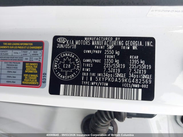 5XYPKDA59KG482569 KIA Sorento 3.3l Sx/3.3l Sxl