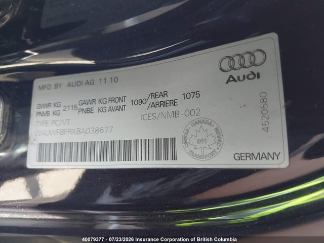 40079377 :رقم المزاد ، WAUWFBFRXBA038677 vin ، 2011 Audi A5 Prestige مزاد بيع