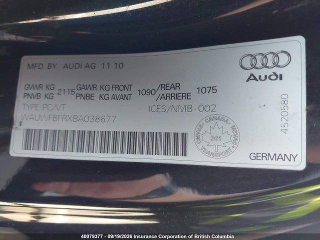 40079377 :رقم المزاد ، WAUWFBFRXBA038677 vin ، 2011 Audi A5 Prestige مزاد بيع