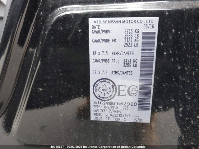 Продаж на аукціоні авто 2016 Nissan Pathfinder S/sv/sl/platinum, vin: 5N1AR2MN8GC662960, номер лоту: 40085667