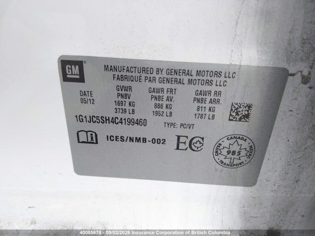 Продаж на аукціоні авто 2012 Chevrolet Sonic, vin: 1G1JC5SH4C4199460, номер лоту: 40085678