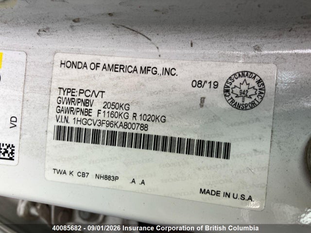 1HGCV3F96KA800788 Honda Accord Touring Hybrid