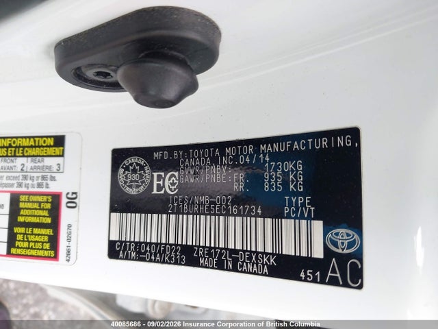 2T1BURHE5EC161734 Toyota Corolla L/le/le Pls/prm/s/s Pls