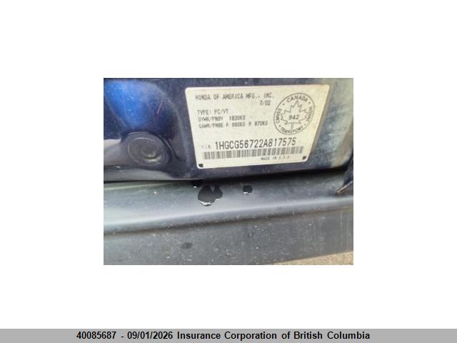 40085687 :رقم المزاد ، 1HGCG56722A817575 vin ، 2002 Honda Accord Se مزاد بيع