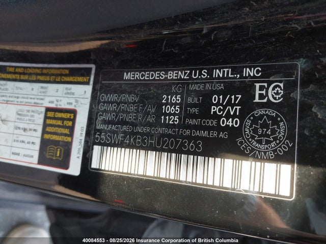 Продаж на аукціоні авто 2017 Mercedes-benz C 300 4matic, vin: 55SWF4KB3HU207363, номер лоту: 40084553