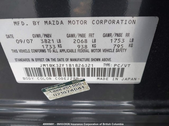 Aukcja sprzedaży 2008 Mazda Mazda3 Gs/gx, vin: JM1BK32F181826321, numer aukcji: 40085691