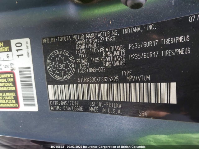 Toyota SIENNA LE 2015 5TDKK3DCXFS635225 Image 9