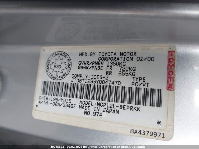 40085693 :رقم المزاد ، JTDBT1235Y0047470 vin ، 2000 Toyota Echo مزاد بيع